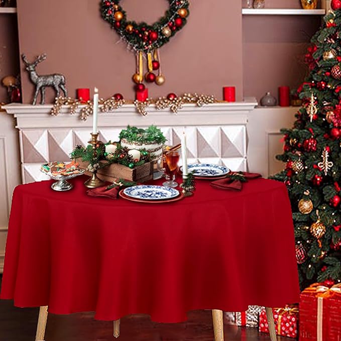 sancua Round Tablecloth - 60 Inch - Water Resistant Spill Proof Washable Polyester Table Cloth Decorative Fabric Table Cover for Dining Tables and Buffet Parties, Christmas Red