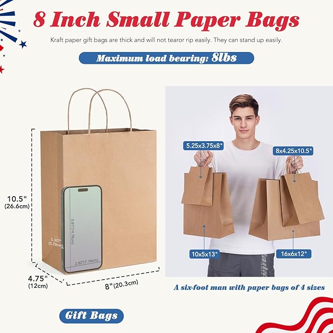 GSSUSA 100 Pack 8x4.25x10'' Paper Bags with Handles Bulk, Brown Paper Gift Bags for Small Business, Sturdy Retail Shopping, Birthday Wedding Party Favor, Craft, Kraft(Made in USA)