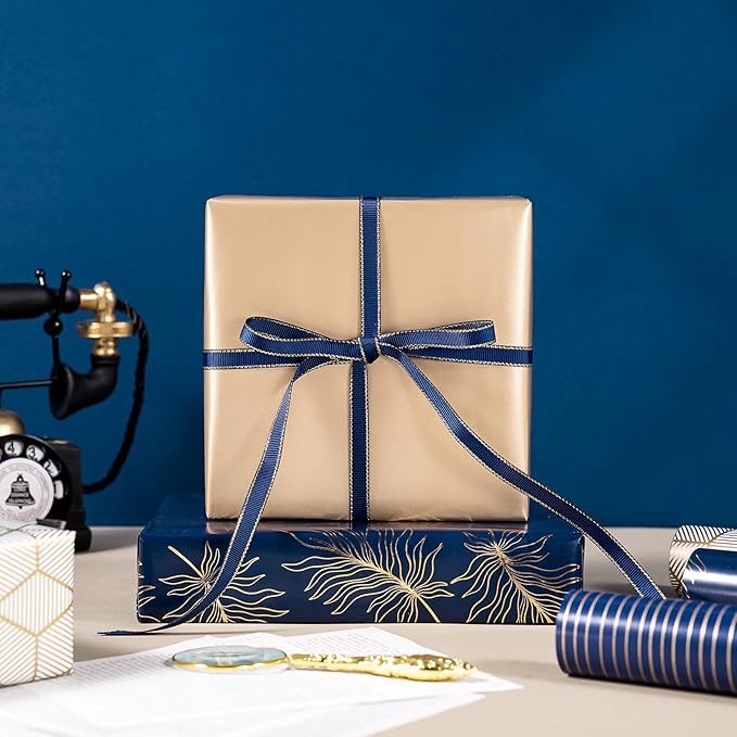 WRAPAHOLIC 30 Inch Navy Wrapping Paper - Jumbo Roll Gold and Navy Print with Cut Lines for Christmas, Birthday, Holiday, Father's Day, Baby Shower - 4 Rolls - 30 Inch x 120 Inch Per Roll
