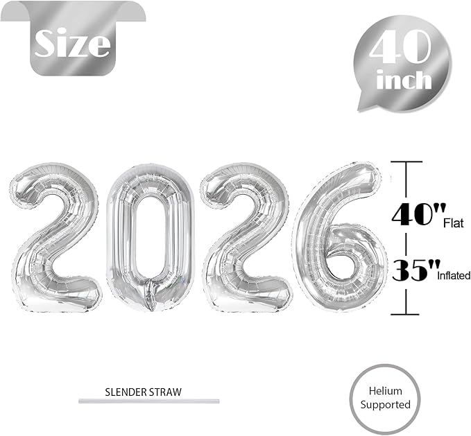 2026 balloons, Silver 40 Inch 2026 Party Decorations New Year Nye Decorfor New Years Eve Party Supplies 2026, New Years Eve Party Balloons
