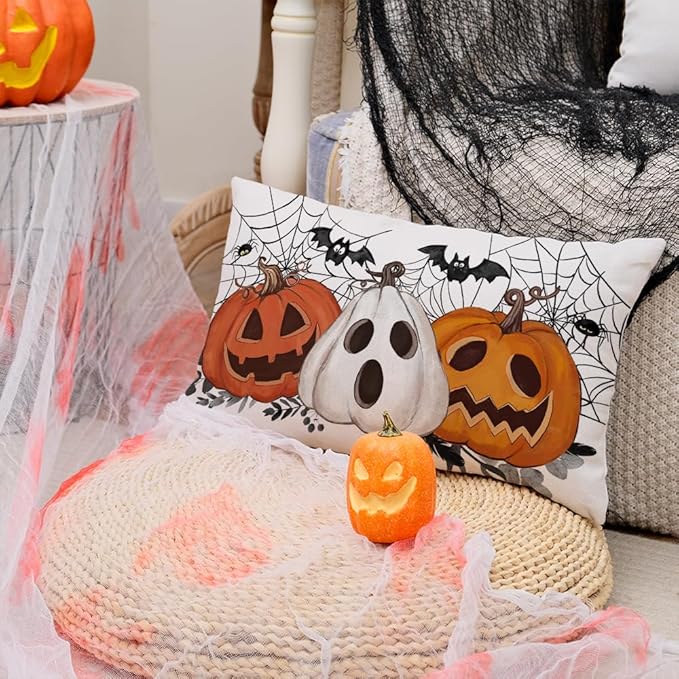 AACORS Halloween Pillow Cover 12X20 Set of 2,Pumpkin Jack-O'-Lanterns Bat Web Decoration Holiday Farmhouse Pillow Case Decor for Home Sofa Couch AA306-12-2