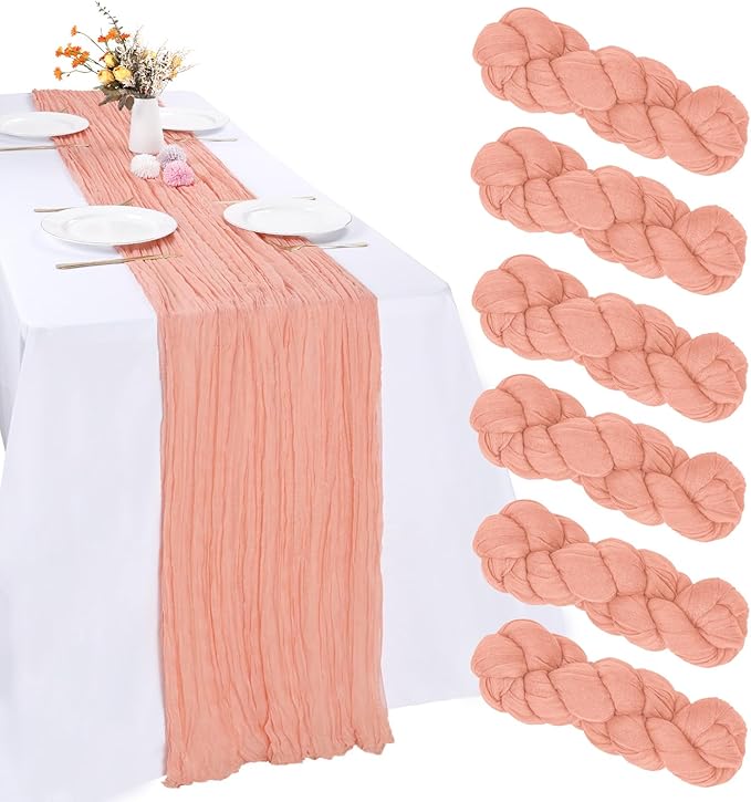 6 Pack Peach Cheesecloth Table Runner 10FT Boho Gauze Fabric Table Runner 35 x 120 Inch Rustic Sheer Runner for Centerpiece Wedding Decor Baby Shower Party Boho Table Decoration