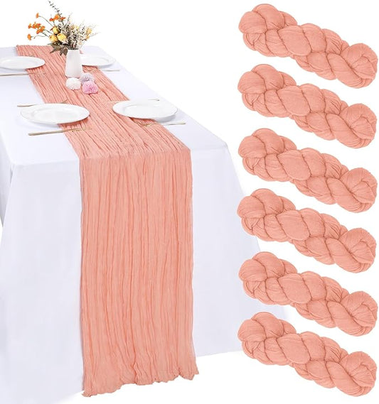 6 Pack Peach Cheesecloth Table Runner 10FT Boho Gauze Fabric Table Runner 35 x 120 Inch Rustic Sheer Runner for Centerpiece Wedding Decor Baby Shower Party Boho Table Decoration