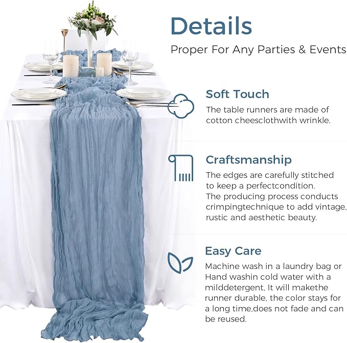 20PCS Dusty Blue Cheesecloth Table Runner 10ft Boho Gauze Fabric Cheese Cloth Table Runner Comes with 20 Cloth Napkins Runner for Romantic Wedding Birthday Shower Party Table Decoration