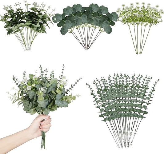 Artificial Eucalyptus Leaves Stems 120 Pcs 4 Kinds Mixed Fake Silver Dollar Eucalyptus Leaves Stem with Dandelion Bulk Faux Leaf for DIY Bouquets Floral Arrangement Wedding Home Decor
