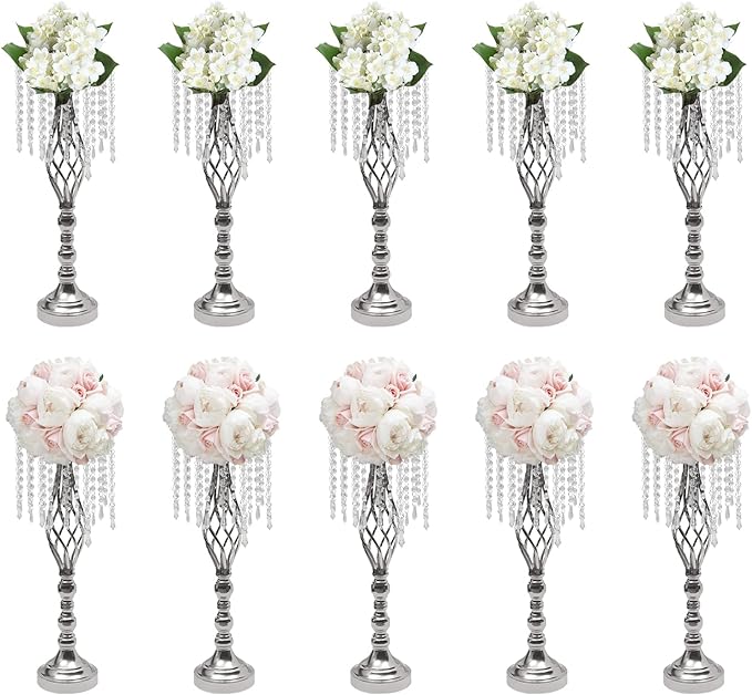 Wedding Centerpieces Gold Vases,10PCS Metal Flower Candle Holder with Sparkling Crystal Beads,Crystal Flower Vase Metal Flowers Stand for Party Tables Decorations (10pcs-Sliver-14cm)