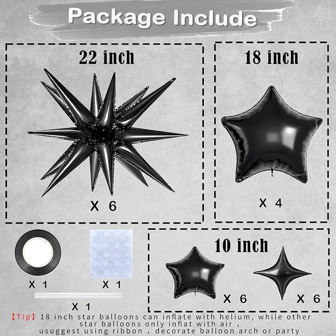 22 Pcs Black Star Balloons,22/18/10 Inch Star Foil Mylar Balloon,Spike Balloon and Four Pointed Balloons for Party Supplies Christmas Birthday Wedding Photo Booth (Black)