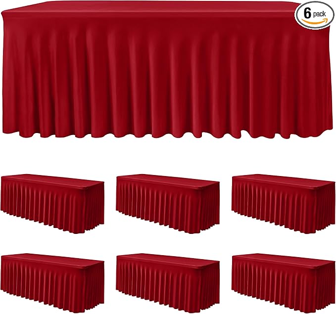 HolidayIdeas 6 Pack Red Spandex Table Skirt for 6 Foot Table, Bulk Fitted Covers for Christmas Banquets, Church Events