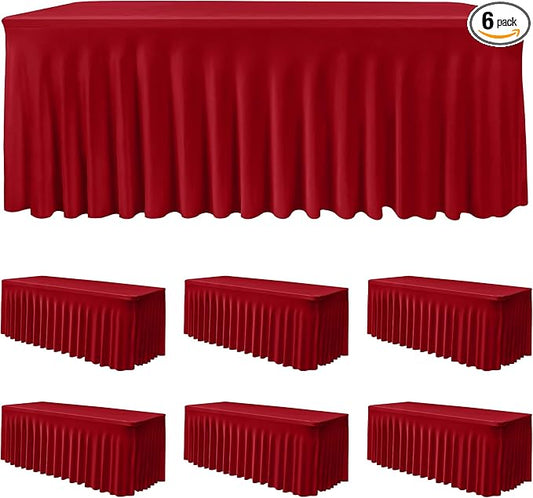 HolidayIdeas 6 Pack Red Spandex Table Skirt for 6 Foot Table, Bulk Fitted Covers for Christmas Banquets, Church Events