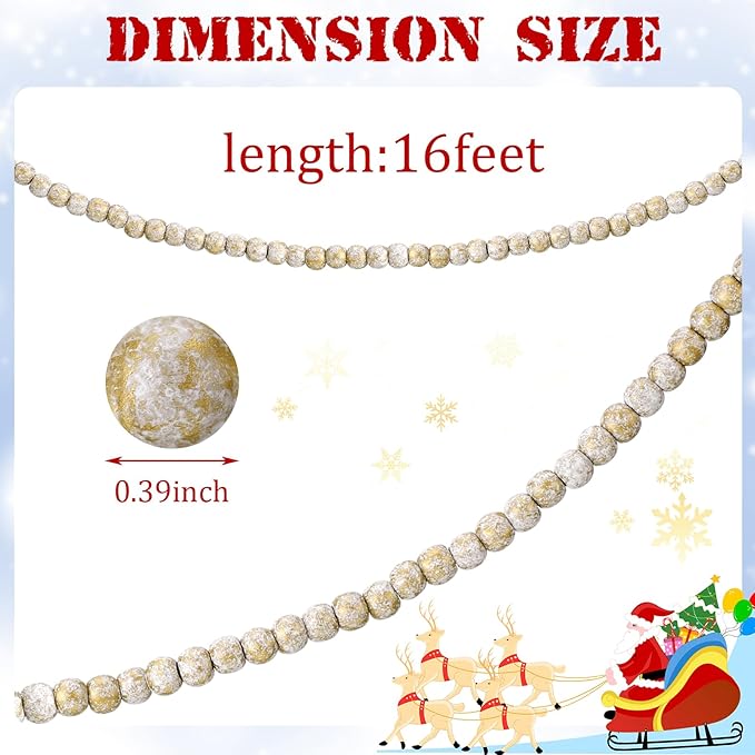 16 Feet Christmas Wood Bead Garland Wooden Bead Garland for Christmas Tree Holiday Decoration (Gold, White)