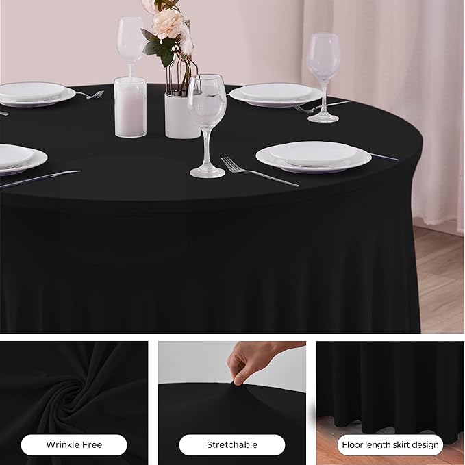 HolidayIdeas 60 Inch Black Spandex Round Table Skirts,Fitted Stretch Tablecloths for Round 5 ft Table, Wrinkle-Free Ruffle Design Tablecloths for Banquets,Trade Shows, Parties, Events, 6 Pcs