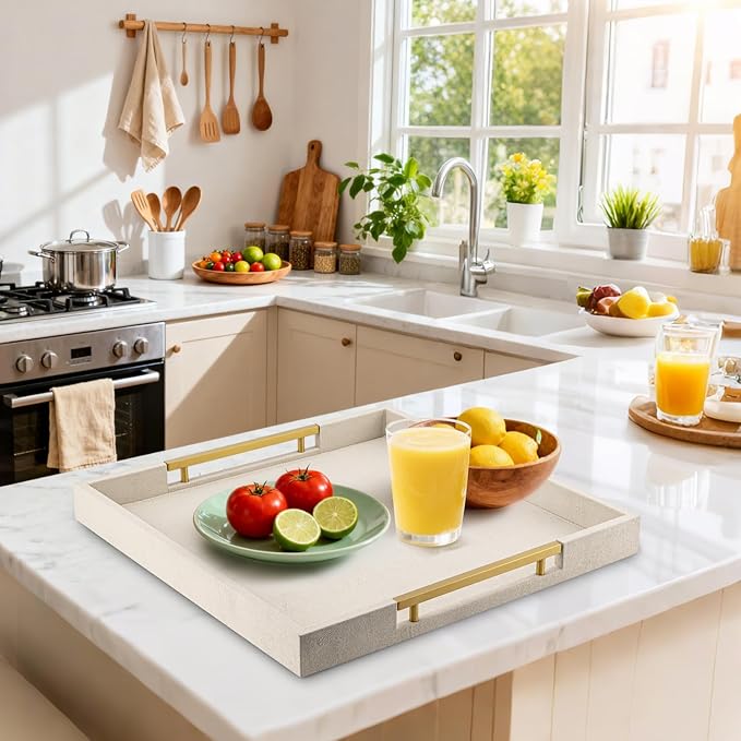 Beige Faux Leather Serving Tray with Handles – Large Decorative Tray for Coffee Table, Ottoman, Living Room, Bathroom – Home Decor