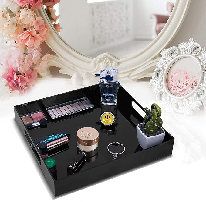 Acrylic Ottoman Tray with Handles - Remote Control Valet Tray, Black Nightstand Dresser or Bathroom Organizer - Spill Proof Square 12''x12'' (Black)