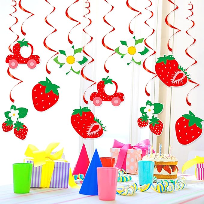 Strawberry Berry First Birthday Party-Decorations - 12pcs Baby Girl Happy Banner,1st Flowers Streamers Garland,Sweet One Swirl,Red Home Wall Backdrop Decor Supplies Burgleda