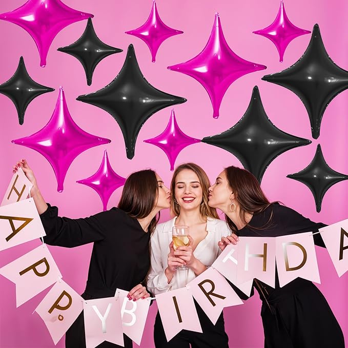 Hot Pink Black Star Balloons,12Pcs Four Angle Star Foil Balloons,26Inch and 10Inch Black and Pink Quadrangle Helium Balloon for Birthday Anniversary Party Decorations