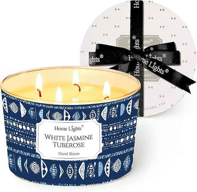 HomeLights Scented Candles for Women & Men, 18oz Candle Jars Aromatherapy 4-Wick Candle, Ideal for Bohemian Natural Textures Home Decor and Gifts, White Jasmine Tuberose