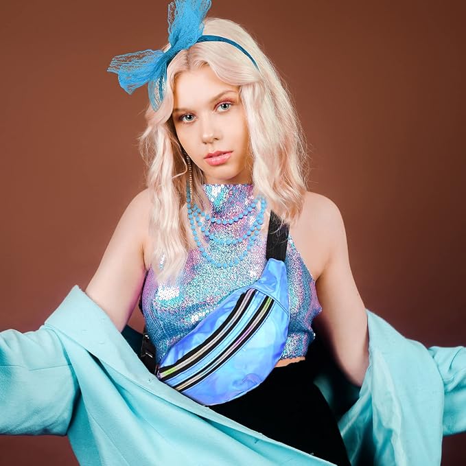 Handepo 19 Pcs 80s Costume Accessories Holographic Fanny Pack Leg Warmers Lace Headband Earrings Gloves Necklace Bracelet