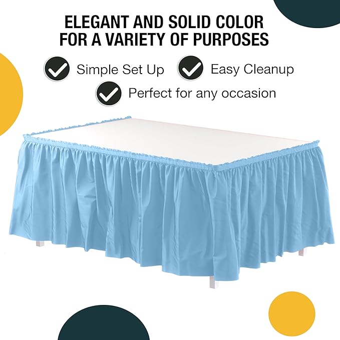 Exquisite Ruffle Table Skirt Light Blue 12 Pack 14 Ft Long Table Skirts for Rectangle Tables 6ft Plus or Round Tables Skirts with Adhesive Strip for Gender Reveal Decor & Happy Birthday Parties