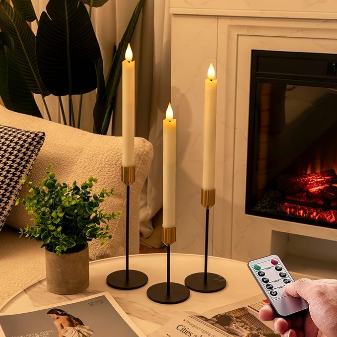 Homemory 12 Pcs Waxy Flameless Taper Candles with Remote, Flickering Battery Operated Taper Candles, Led Flameless Candlesticks Classic Tall Candle for Home, Wedding, Party, Ivory, 9.6 inches