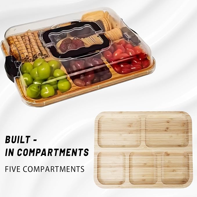 15×11" Charcuterie Boards with Lid, Bamboo Cheese Board Cutting Boards with Locking Clear Cover, Portable Serving Tray - 5 Compartments for Kitchen, Picnic, Party, Housewarming, Wedding Gift