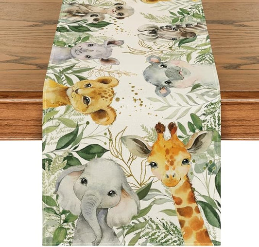 Artoid Mode Animals Elephant Giraffe Baby Shower Table Runner, Seasonal Spring Summer Kitchen Dining Table for Home Party Decor 13x48 Inch