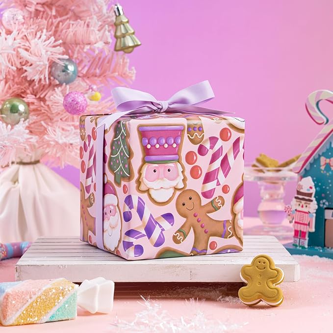 WRAPAHOLIC 30 Inch Jumbo Reversible Gingerbread Christmas Wrapping Paper - 30 Inch x 33 Feet - Pink Purple Stripes and Gingerbread Wrapping Paper for Xmas Holiday, Party Celebration