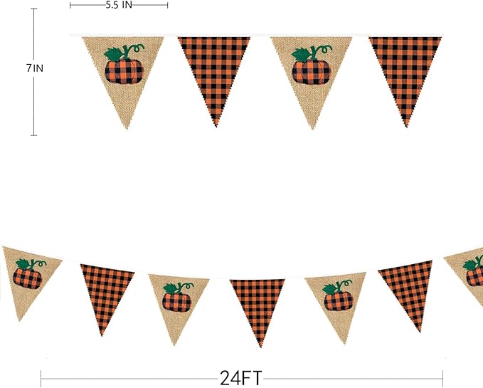 24Ft Burlap Banner - Fall Pumpkin Plaid Pennant Triangle Flag Garland Streamers - Fireplace Decor for Thanksgiving Day, Rustic Autumn Birthday Parties