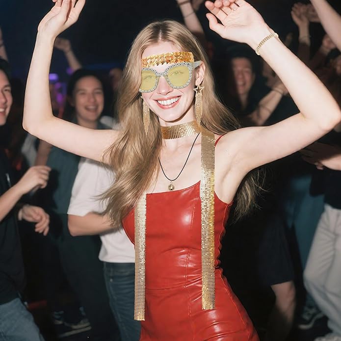 6 Pcs 70s Women Disco Accessories Sequin Scarf Headband Bracelet Necklace Earrings Sunglasses for Halloween Disco Costume