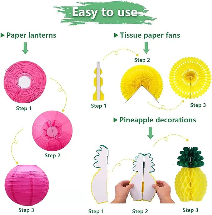 Flamingo Party Honeycomb Decoration, Hanging Paper Fan, Palm Leaf , Pineapple Paper lanternFiesta Party Supplies, Tissue Paper Flowers for Hawaiian Beach Luau Party Birthday Wedding Photo Backdrop
