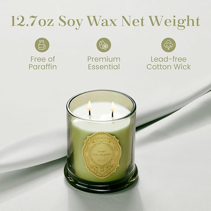 M&SENSE Sage Eucalyptus Candles for Home Scented, 2 Wick 12.7oz Soy Wax Candles Non Toxic,70 Hours Long Burning,Luxury Candles Gift for Stress Relief, Meditation, Yoga