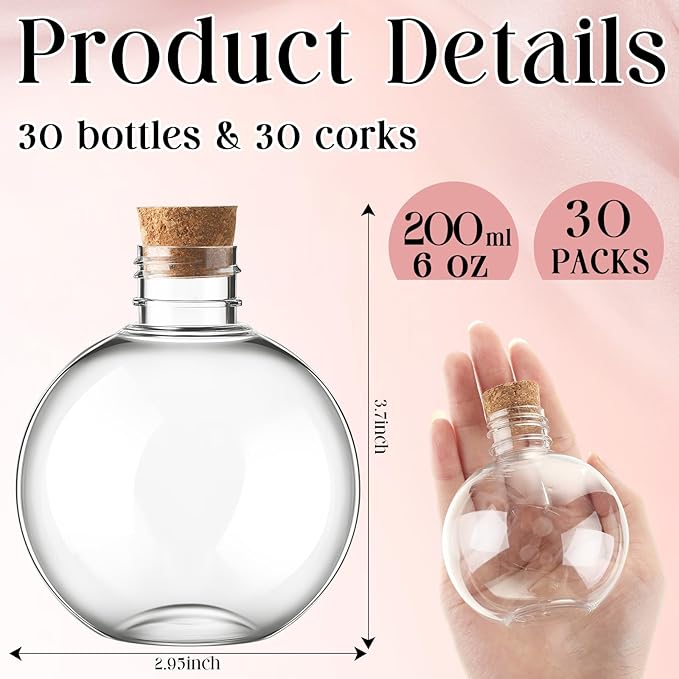 Jinei 30 Pcs 6 oz Ball Shape Plastic Sand Art Bottles Spherical Clear Plastic Potion Bottles Christmas Cocktail Ornament Balls for DIY Wedding Party Gift Crafts Decoration(Wood Color, Cork)