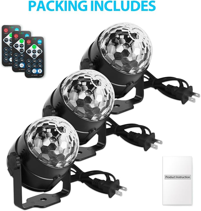 [3-Pack] Disco Ball DJ Party Lights Sound Activated with Remote Control Strobe Lamp 7 Modes Stage Light for Home Room Dance Parties Karaoke Halloween Christmas Birthday Decorations