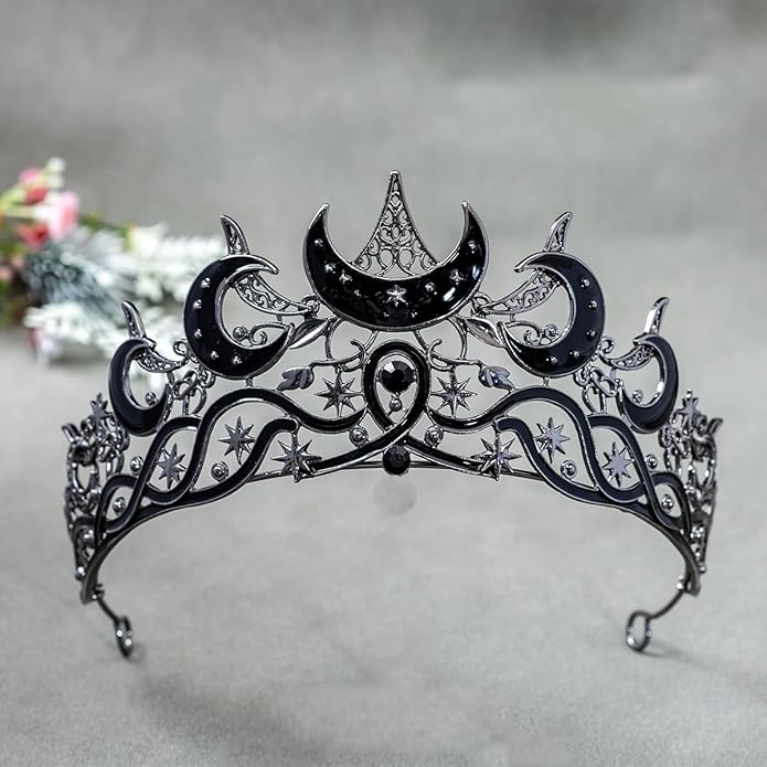 Gothic Black Moon Star Tiara Crown for Women Girls, Retro Celestial Witch Headpiece with Crescent Moon and Stars, Costume Cosplay Halloween Party Prom Wedding Birthday Accessories