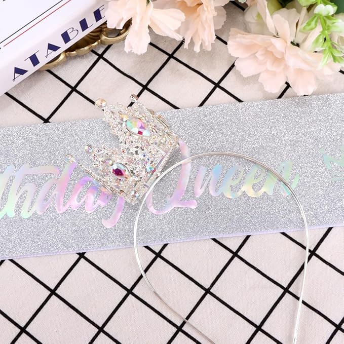 Birthday Queen Sash for Women Tiara & Crowns Headbands for Girls Happy Birthday Party Accessories Favor Supllies Leona Silver Pink, 2 Pack