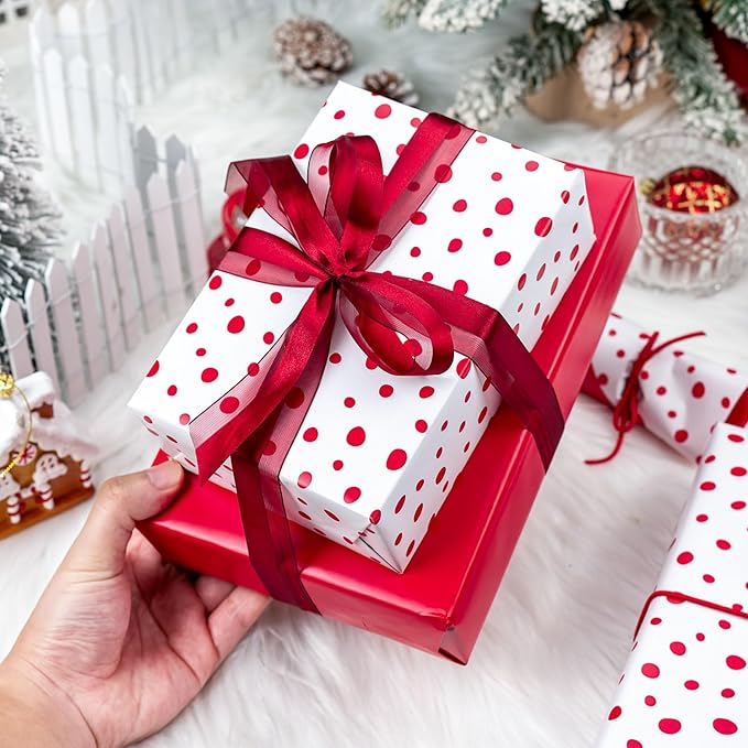 Burymento Red Lrregular Wave Point Wrapping Paper, Reversible Gold Gift Wrap for Birthday, Valentines, Mothers day, Graduation, Wedding, Fathers day, Baby Shower, Christmas (17in x 16.4ft)