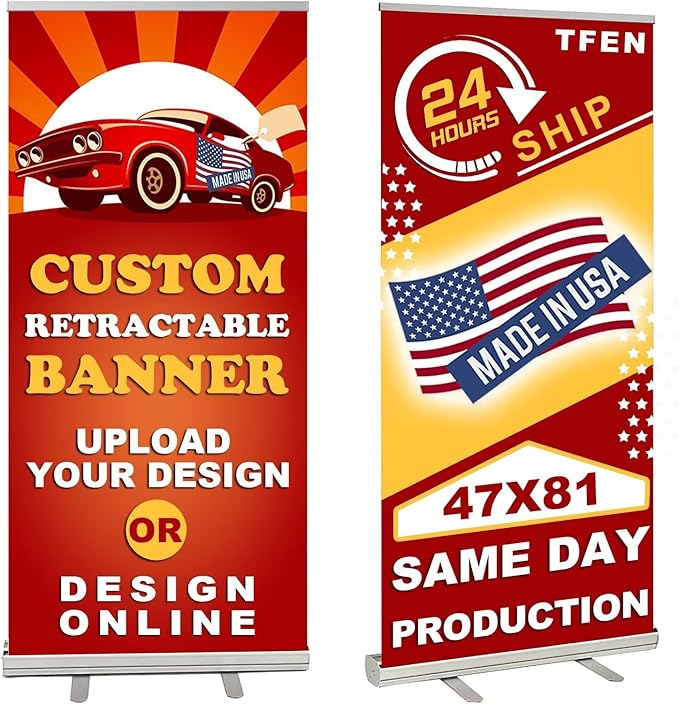 TFEN-Made in USA-Custom Pop up Banner Aluminum Retractable Banner 47"x81", with Stand Roll up Banner for Business, Trade Shows, Stores, Advertising, Events, Custom Banners