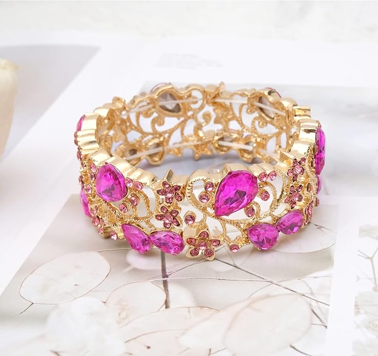 CSY Elegant Crystal Costume Jewelry Sets Flower Bridal Necklace Earrings Stretch Bangle Set for Bride Bridesmaid Wedding Dress Accessories