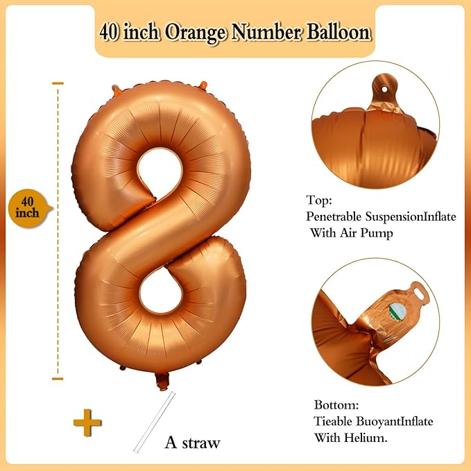 40 inch Orange Number Balloon Giant Foil Helium Balloons for 8th Birthday Party Decorations