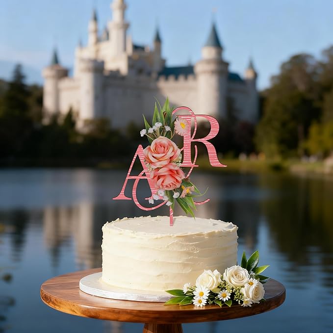 Wedding Cake Topper with 3D Artificial Flowers and Green Leaves Custom Initials Personalized Wooden Anniversary Cake Decoration (Pink)