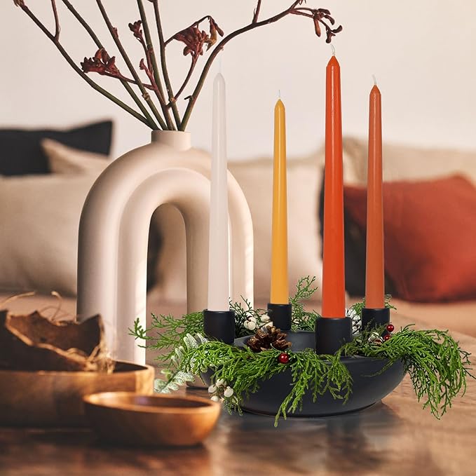 Christmas Advent Wreath Candle Holder 4 Taper Candlestick Seats Black Ceramic Candle Stand for Holiday Modern Home Party Kitchen Island Table Decor (Without Candles)
