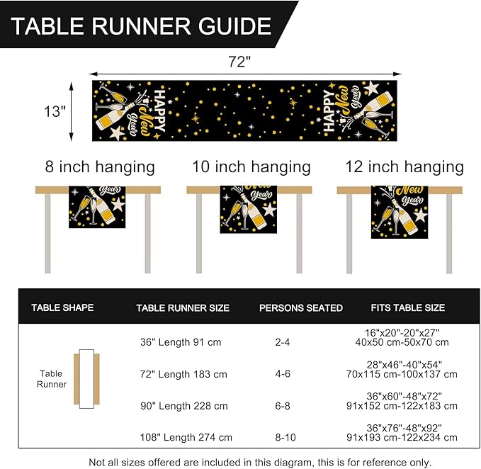 Seliem Happy New Year Eve Cheers Table Runner, Black Gold Tabletop Scarf Home Kitchen Polka Dots Stars Decor, 2025 Winter Holiday Farmhouse Burlap Dining Decorations Party Supply 13 X 72