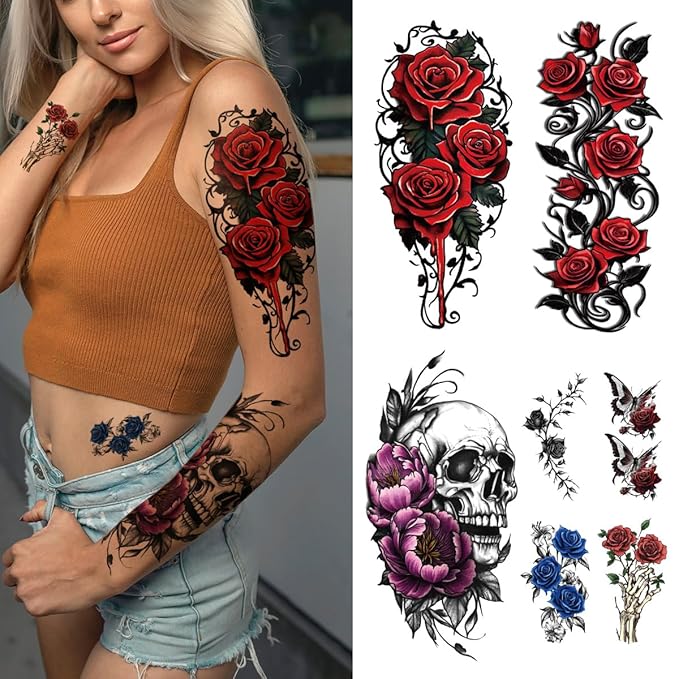 77 Sheets Skull Flower Realistic Temporary Tattoos For Women Men Adult, Large Rose Bones & Flowers Floral Fake Tattoos Girl, Skeleton and Spooky Halloween Temp Tatoo Sticker Thigh Back Leg Body Art