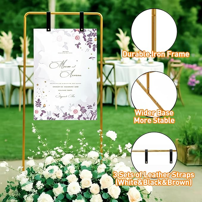 Adjustable Wedding Sign Stand, Wedding Welcome Sign Holder with Leather Sign Hanging Straps, Easel Stand for Sign Display Reception, Party Decor, Portable Sign Holder for Wedding & Baby Showers (Gold)