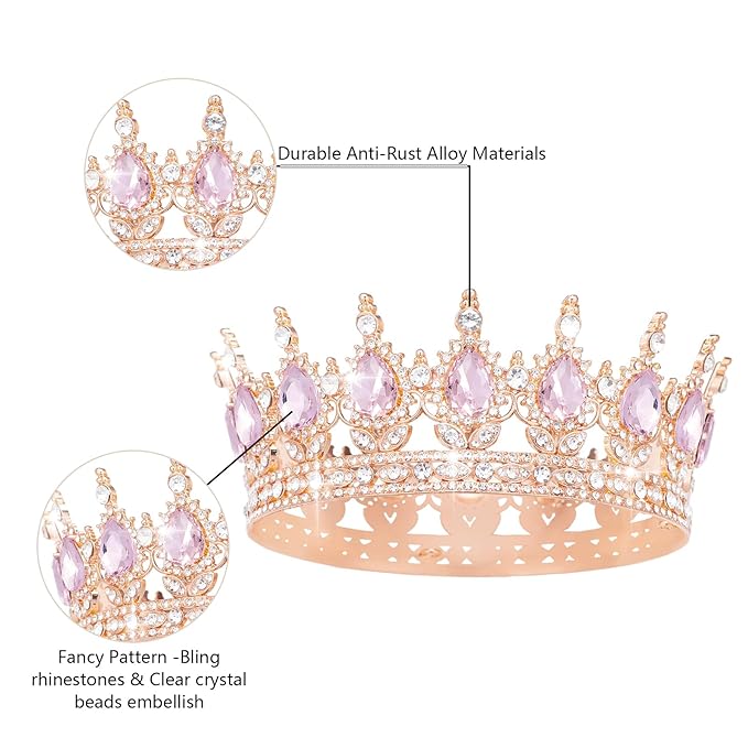 Queen Crown Rhinestone Wedding Crowns and Tiaras for Women Costume Party Hair Accessories Princess Birthday Crown Crystal Bridal Crown (Rose Gold & Pink Crown)