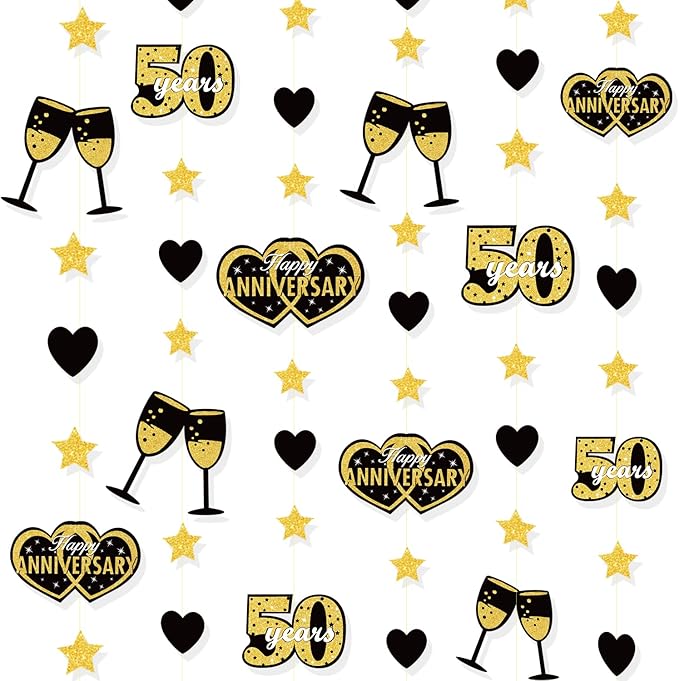52 Ft Black Gold Happy Anniversary 50 years Heart Garland Streamer Twinkle Star Heart Cheers Number Fifty Hanging Paper Banner Backdrop for Fiftieth 50th Wedding Anniversary Party Decorations Supplies