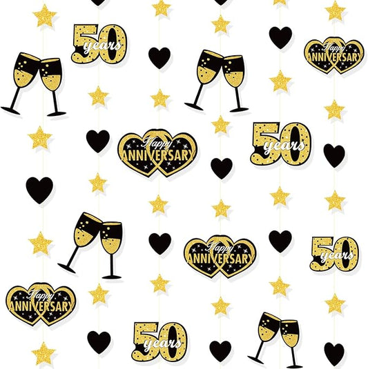 52 Ft Black Gold Happy Anniversary 50 years Heart Garland Streamer Twinkle Star Heart Cheers Number Fifty Hanging Paper Banner Backdrop for Fiftieth 50th Wedding Anniversary Party Decorations Supplies