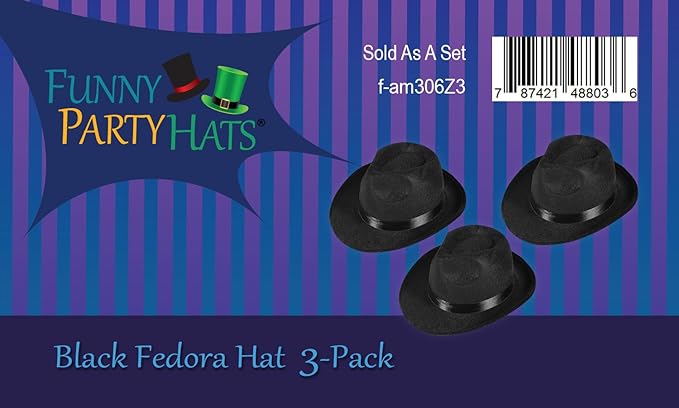 Funny Party Hats Black Gangster Hat - Black Fedora Hats - Costume Hats - Costume Accessories