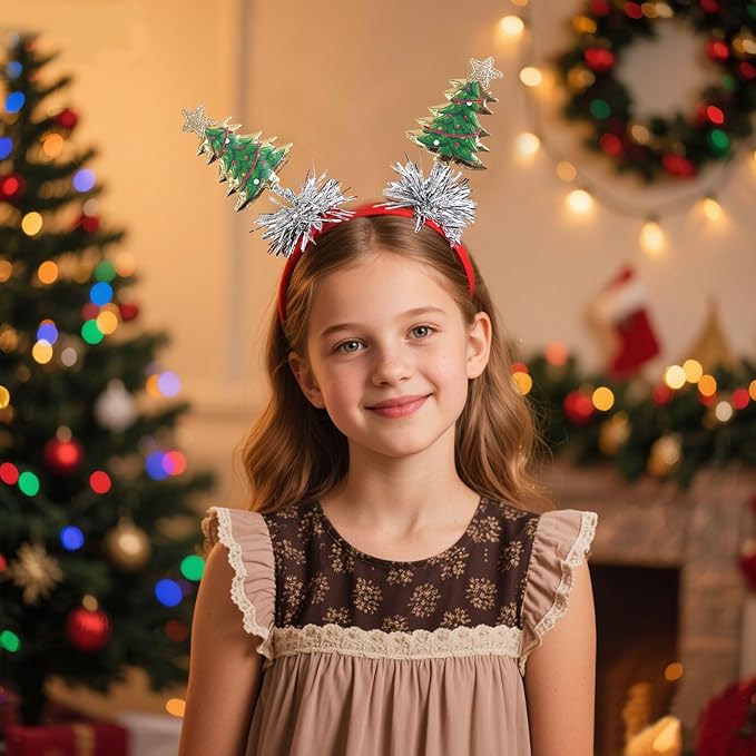 Christmas Headband for Women, Fashion Green Christmas Tree Headband with Gold Edge & Silver Tassels, Xmas Party Headpiece Festival Holiday Photo Prop Hair Accessories (1PC)