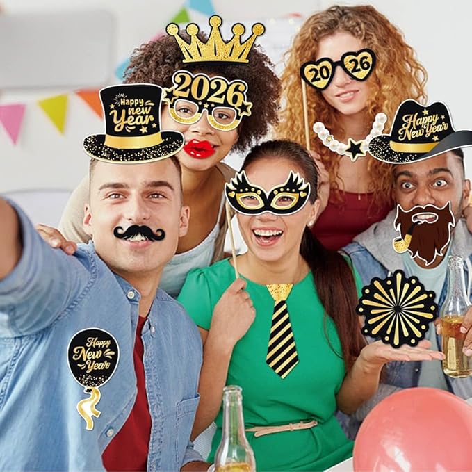 30 PCS New Year Photo Booth Props 2026 New Year Eve Photo Booth Props 2026 Happy New Year Decorations New Year’s Eve Party Supplies Favors for Pictures