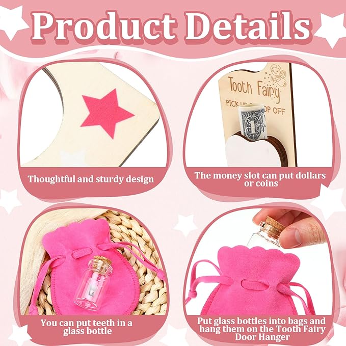 Tooth Fairy Holder Bag Hanger with Money Slot Keepsake Bottle Velvet Pouch Tooth Fairy Box Encourage Gift for Lost Teeth Boy Girl Milk(Classic,Rose Red)
